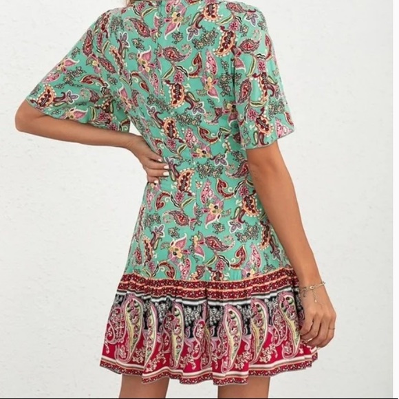 Boho navy Floral Paisley Print Butterfly Sleeve Mini Dress - Picture 3 of 12